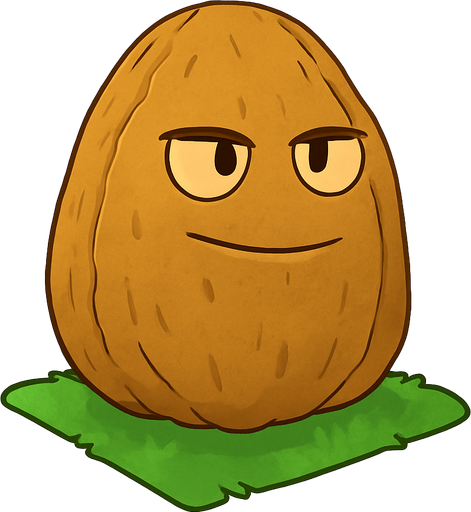 Nuez inspirada en Plants vs. Zombies 1. Una gran nuez de color marrón con textura rugosa y mirada serena pero decidida. Está plantada sobre una baldosa de césped en un jardín soleado. No está en combate ni dañada, solo en posición defensiva y tranquila. Estilo caricaturesco, líneas suaves, colores cálidos y sin sombras. Fondo transparente, ideal como asset 2D para videojuego. que este feliz o
