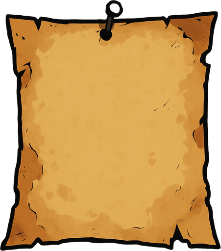 çivi ile duvara asılı hafif yıpranmış parşomen.
In-Game asset.  2d.  High contrast.  No shadows