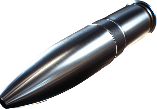 A high-speed enemy bullet in mid-flight, with a sleek, metallic surface reflecting light. The bullet is slightly blurred, showing its incredible speed and motion, cutting through the air. The background shows a dark, intense battlefield, with flashes of gunfire and smoke in the distance. The bullet leaves behind a small trail of air distortion or vapor, emphasizing its rapid movement. It has a sharp, pointed tip and appears to be shot from a modern military rifle, with its design sleek and aerodynamic..
Single Game Texture. In-Game asset. 2d. Blank background. High contrast. No shadows.