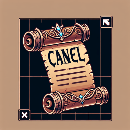 A scroll that reads Cancel on it. A cancel button with scroll type estetics.
Single Game Texture.  In-Game asset.  2d.  Blank background.  High contrast.  No shadows