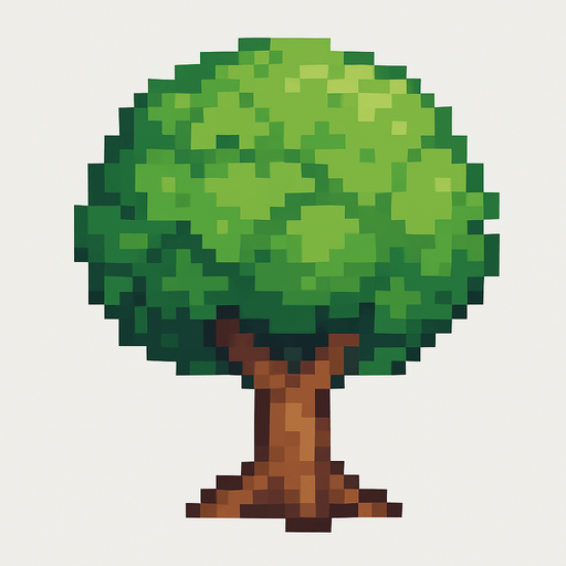 this is a tree but pixel art style. No background. Transparent background. Blank background. No shadows. 2d. In-Game asset. flat