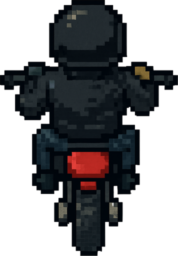 motociclista de chaqueta negra hecha con pixeles con perspectiva desde arriba y trasera.
In-Game asset.  2d.  High contrast.  No shadows