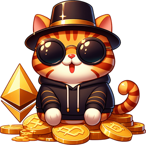 The character in the image now embodies the essence of wealth and sophistication, portrayed as a cartoon-style orange tabby cat with eye-catching stripes. Its round face boasts oversized, round, dark opaque sunglasses, and features a prominent, exaggerated red pout shaped like a duck's bill. Although the cat's body appears smaller in comparison to its head, contributing to its adorable, chubby look, it's the epitome of affluence. Adorning its head is a classy black top hat, adding an extra layer of sophistication. Dressed in a simple, light-colored hoodie with a drawstring, the cat is perched majestically atop a lavish pile of golden Ethereum tokens, showcasing its prosperity in the digital currency sphere. With its paws displayed in front, the cat sits in a relaxed pose, exuding a sense of serene command over its wealth. This plush adaptation of the character, blending playfulness with a motif of riches and luxury, serves as an ideal figure for narratives centered on financial success, making it a perfect mascot for financial education platforms or as a captivating character in children's stories about the value of money and investment..
Single Game Texture. In-Game asset. 2d. Blank background. High contrast. No shadows.