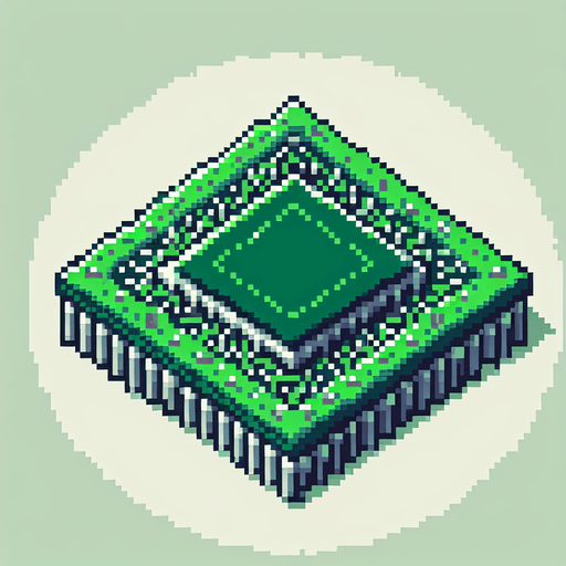 Green microchip pixelart
Single Game Texture. In-Game asset. 2d. Blank background. High contrast. No shadows.