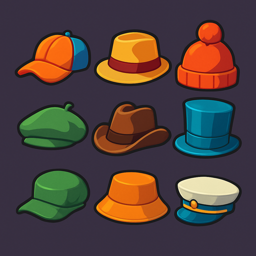 Pack of different hats.
In-Game asset.  High contrast.  No shadows. 3D