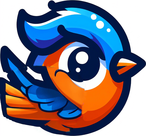 Blue wing flapped up on orange bird. Cartoon style. Dark blue outlines.
