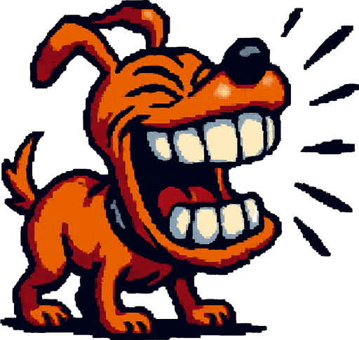 Un perro bobo ladrando con los ojos cerrados  pixel art dientes grandes, estilo earthworm jim.
In-Game asset.  2d.  High contrast.  No shadows