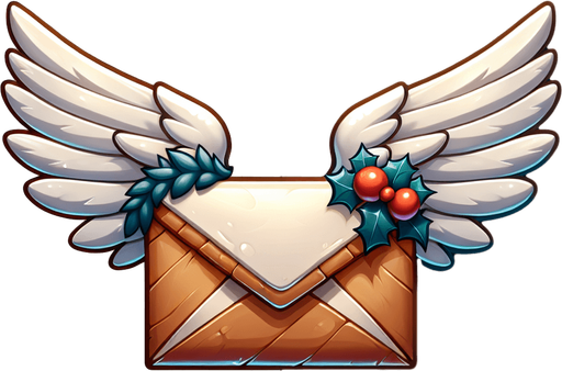 flying envelope with wings, christmas style, cartoon Single Game Texture. In-Game asset. 2d. Blank background. High contrast. No shadows.