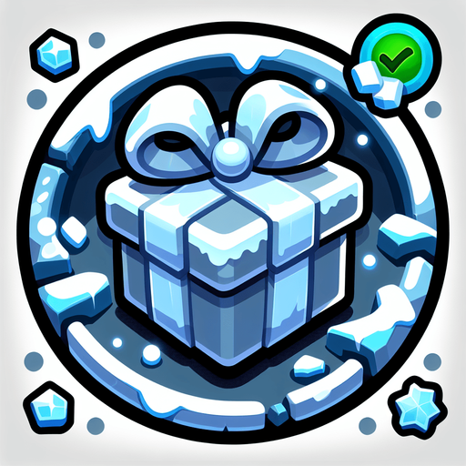 Icon for a froozen christmas present, on a circle, with the text „icy Surprise“ at top, cartoon Single Game Texture. In-Game asset. 2d. Blank background. High contrast. No shadows.