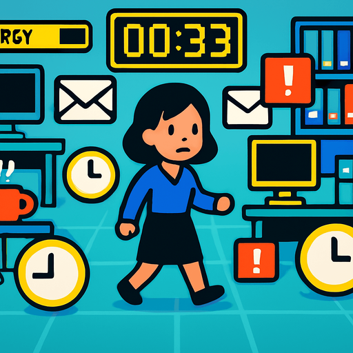 Fullscreen modern App Store landscape banner, 16:9, high definition, for a game titled "FOMO Simulator: The Meeting That Could've Been An Email" and with the description "A fast-paced office simulator where you collect meetings, emails, and notifications while managing your energy levels. Strategic decisions must be made about which workplace items to prioritize as your energy depletes. Grab coffee for boosts, avoid missing important meetings, and survive the chaotic 60-second workday!". No text on banner!.
In-Game asset.  2d.  High contrast.  No shadows