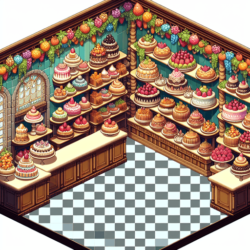 A bakery wall with shelves full of cakes, toppings, berries. Rich game illustration style..
Single Game Texture. In-Game asset. 2d. Blank background. High contrast. No shadows.