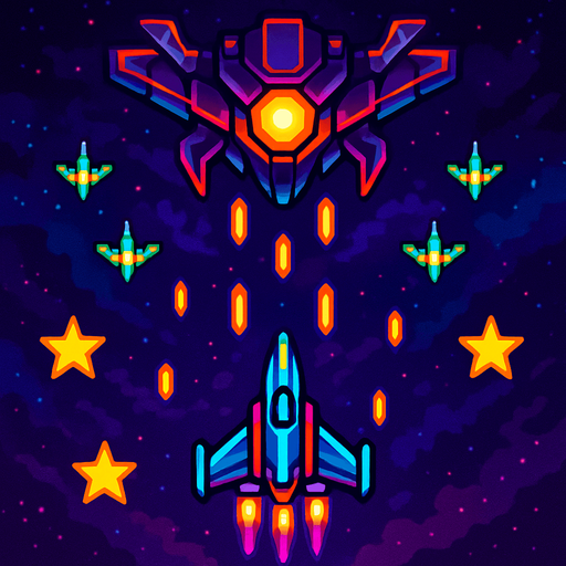 The image showcases a space-themed scene, reminiscent of a classic arcade shooter game. At the center, a sleek, futuristic spaceship is flying towards a large, menacing enemy craft positioned at the top of the image. The enemy ship has a glowing orange core and is surrounded by sharp, angular details.

In the background, a cosmic space environment with a blend of dark purples and blues sets the tone. Several smaller enemy ships, colored green, are positioned in a formation, actively shooting orange projectiles toward the player’s ship. There are also star-shaped icons scattered across the scene, possibly representing power-ups or achievements. The overall aesthetic combines sharp, vibrant neon colors with a retro-futuristic design, giving it a sense of high-energy action..
In-Game asset.  2d.  High contrast.  No shadows. Space Shooter  Arcade Game  Futuristic Spaceships  Retro Gaming  Space Battle  Sci-Fi Art  Video Game Art  Pixel Art Style