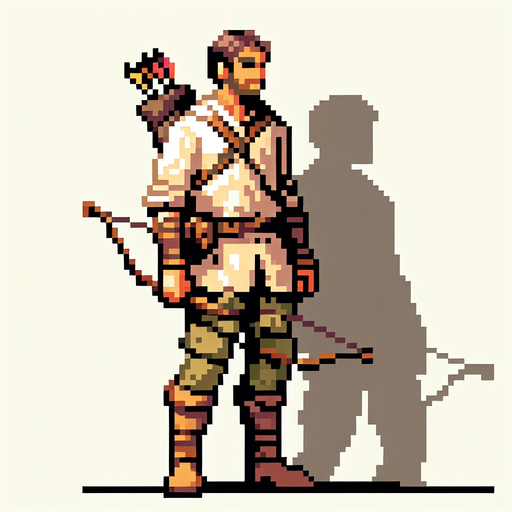 8-bit character that is a hunter.
Single Game Texture. In-Game asset. 2d. Blank background. High contrast. No shadows.