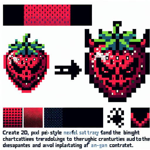 a demonic strawberry, pixel style.
Single Game Texture.  In-Game asset.  2d.  Blank background.  High contrast.  No shadows