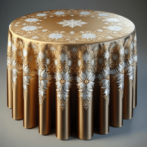 Photorealistic gold-colored, silver snowflakes Christmas tablecloth, front view.