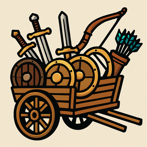 Kılıç kalkan ok yay gibi savaş malzemeleri taşıyan at arabası.
In-Game asset.  2d.  High contrast.  No shadows