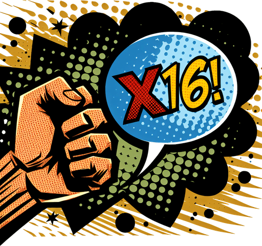 text popup "x16!".
comic style