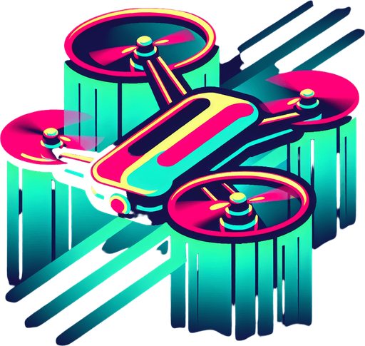 retro flying drone  in neon colors..
Single Game Texture. In-Game asset. 2d. Blank background. High contrast. No shadows.