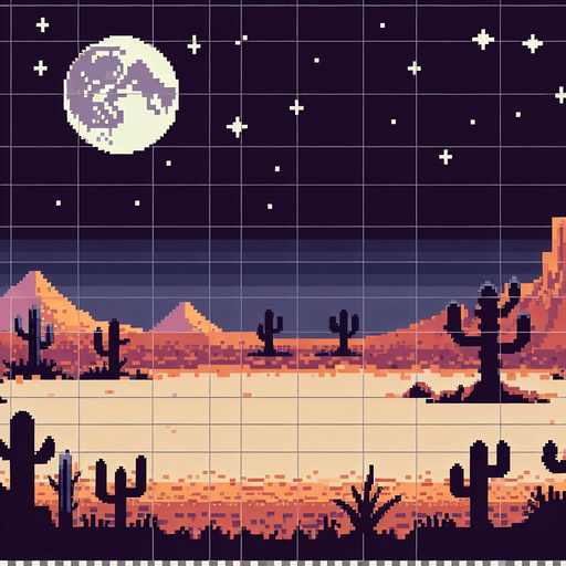 pixel art night-time desert.
Single Game Texture. In-Game asset. 2d. Blank background. High contrast. No shadows.
