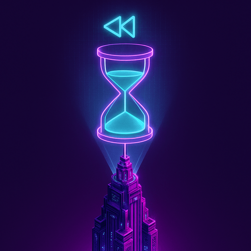 Top down isometric neon cyberpunk futuristic massive tower spire 3D slow down rewind symbol projection over top, time slowed symbol purples teal pink vaporwave glowing hologram over top hourglass glowing fully in frame not cutoff no background