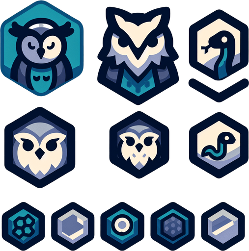 A sprite sheet for game icons featuring an owl, an otter and a snake. Hexagon icons featuring the head of animal. 
Single Game Texture. In-Game asset. 2d. Blank background. High contrast. No shadows.