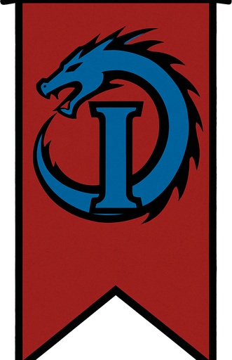 bandera larga con un simbolo de una i azul con un dragon al lado
e el diseño d ela i.
In-Game asset.  2d.  High contrast.  No shadows