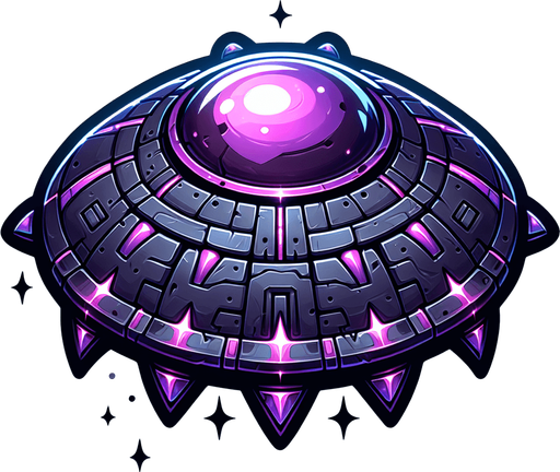 shiny purple and black attack ufo..
Single Game Texture.  In-Game asset.  2d.  Blank background.  High contrast.  No shadows