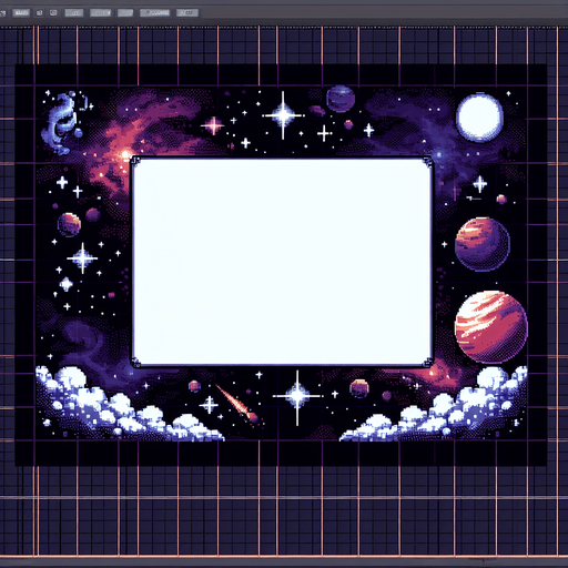 Pixelart. An interface element which is the empty frame for an in-game shop item in the in game shop. with a space theme..
Single Game Texture. In-Game asset. 2d. Blank background. High contrast. No shadows.