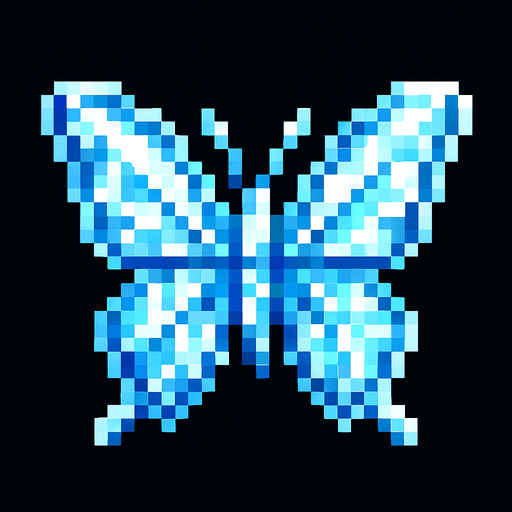 butterfly of white and light blue pixels like crystal.
In-Game asset.  2d.  High contrast.  No shadows. 8-bits