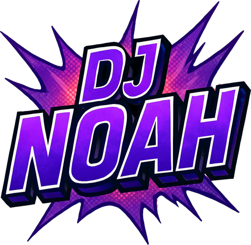 A bold, comic-style game title reading 'DJ NOAH' in large uppercase letters. The text features a deep electric purple gradient with sharp highlights and bold white outlines, styled like a dramatic comic book title splash. Subtle halftone textures and a radial glow enhance its dynamic look. Behind the text, abstract comic-style sound wave elements stretch outward in purple and magenta hues. The composition is punchy, modern, and dramatic — designed as a central UI graphic with transparent background for in-game use. 2D, high contrast, no drop shadow..
In-Game asset.  2d.  High contrast.  No shadows