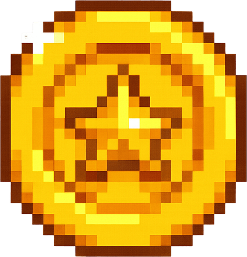 Golden coin sprite, shiny yellow gold surface, circular shape with star or gem symbol in center, pixel art style, slight shine effect or sparkle, collectible item appearance, rotating animation-ready, bright and eye-catching, classic video game coin design, 16-bit aesthetic, transparent background.
In-Game asset.  2d.  High contrast.  No shadows