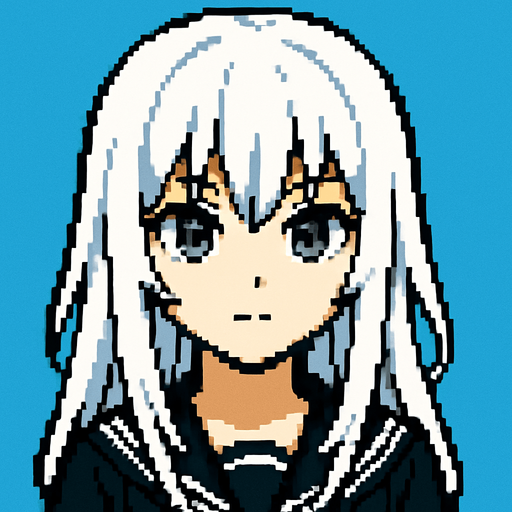 Beautiful anime style girl, with white hair and gray eyes.
In-Game asset.  2d.  High contrast.  No shadows. Pixel art