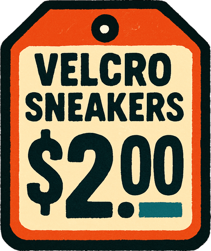 Price tag that says Velcro sneakers $2.00.
In-Game asset.  2d.  High contrast.  No shadows
