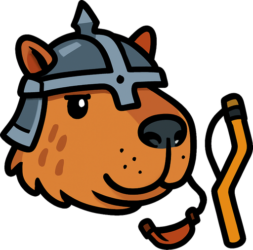 Una cabeza de un capibara en estilo cartoon. Debe tener un casco medieval. A su lado debe esatr un resortera. Quita el fondo..
In-Game asset.  2d.  High contrast.  No shadows