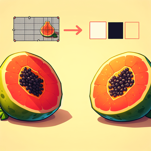 sliced fruit papaya with two slices 1one left and one right.
Single Game Texture.  In-Game asset.  2d.  Blank background.  High contrast.  No shadows