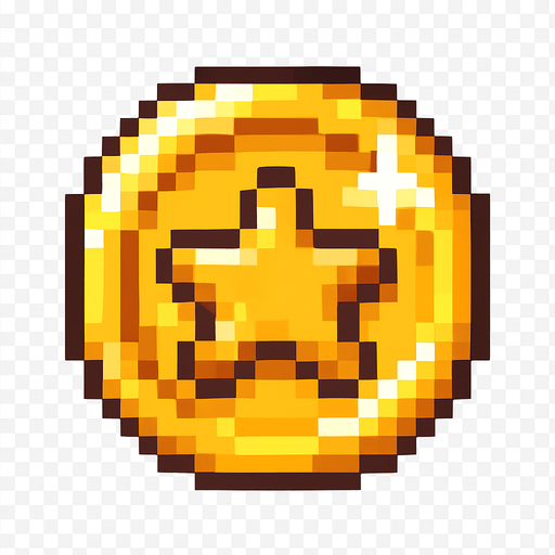Golden coin sprite, shiny yellow gold surface, circular shape with star or gem symbol in center, pixel art style, slight shine effect or sparkle, collectible item appearance, rotating animation-ready, bright and eye-catching, classic video game coin design, 16-bit aesthetic, transparent background.
In-Game asset.  2d.  High contrast.  No shadows