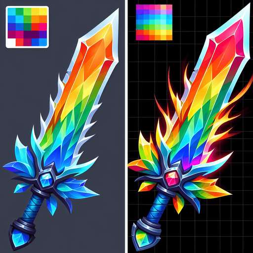 create a rainbow sword.
Single Game Texture.  In-Game asset.  2d.  Blank background.  High contrast.  No shadows