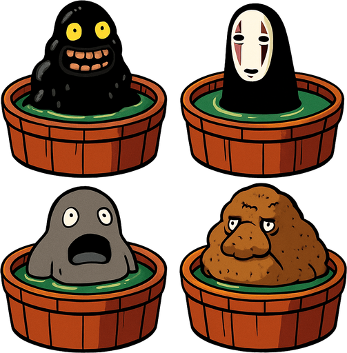 Japanese circle bath have different stink spirits from movie "spirited away". each one per bath. HD colors.
In-Game asset.  2d.  High contrast.  No shadows