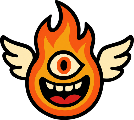 fuego con alas, ojo y boca.
In-Game asset.  2d.  High contrast.  No shadows