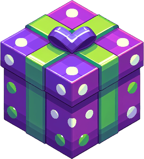 A big purple and green dotted christmas gift, isometric view Single Game Texture. In-Game asset. 2d. Blank background. High contrast. No shadows.