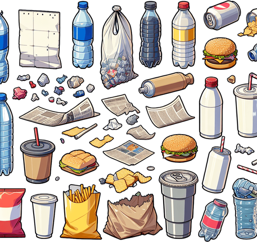 Big Sprite sheet of the most symbolic consumer waste: plastic bottle, plastic bag, can, newspaper sheet, empty hamburger wrapper, can, disposable cup with straw, opened bag of chips, opened can, and others....
game sprite sheet. blank background