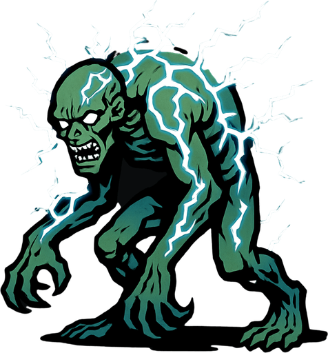 yıldırımlarla kaplı bir canavar istiyorum hafif kambur duruşlu biraz zombi gibi.
In-Game asset.  2d.  High contrast.  No shadows