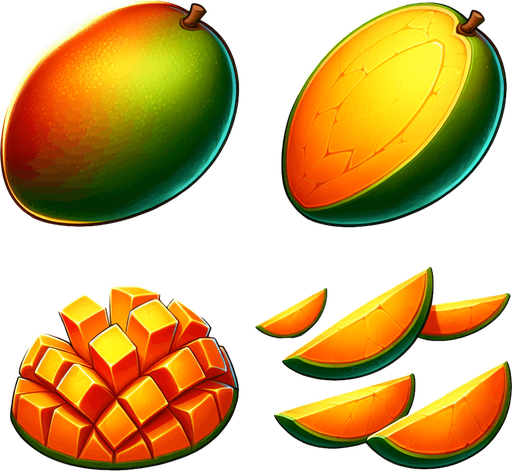A mango and a few slices  of mango.
Single Game Texture. In-Game asset. 2d. Blank background. High contrast. No shadows.