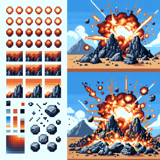 pixel art of a rocky explosion..
Single Game Texture. In-Game asset. 2d. Blank background. High contrast. No shadows.