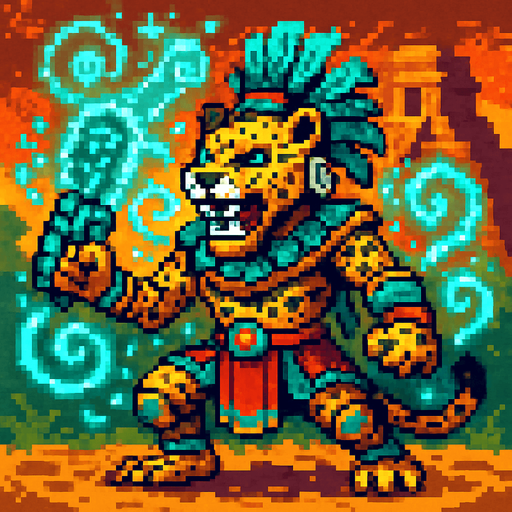 Generame un jaguar guerrero con efectos de energia estilo magico, pixelar, con ambientacion azteca.
In-Game asset.  2d.  High contrast.  No shadows