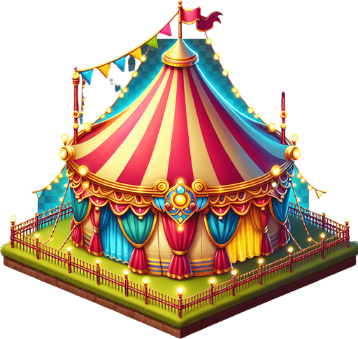 circus tent png image.
Single Game Texture.  In-Game asset.  2d.  Blank background.  High contrast.  No shadows