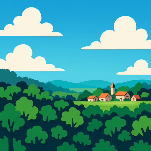 langit biru cerah, daerah hutan luas, di kejauhan ada pedesaaan sederhana. suasana pagi hari langit biru.
In-Game asset.  2d.  High contrast.  No shadows