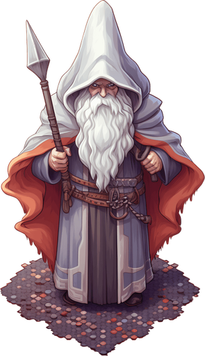 single wizard, hooded Pixel art, 16 bit, isometric, SNES, top-down, no background, white background, low resolution, symmetrical, seen from front.