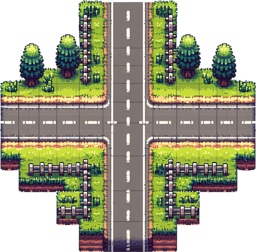 top down seamless vertical scrolling background for an endless driving game , centyral road with 3 lanes sside grass trees, and fences, pixel art style Single Game Texture.  In-Game asset.  2d.  Blank background.  High contrast.  No shadows