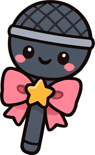 Micrófono chibi, con un lazo rosado y una estrella como moño en el mango del micrófono.
In-Game asset.  2d.  High contrast.  No shadows